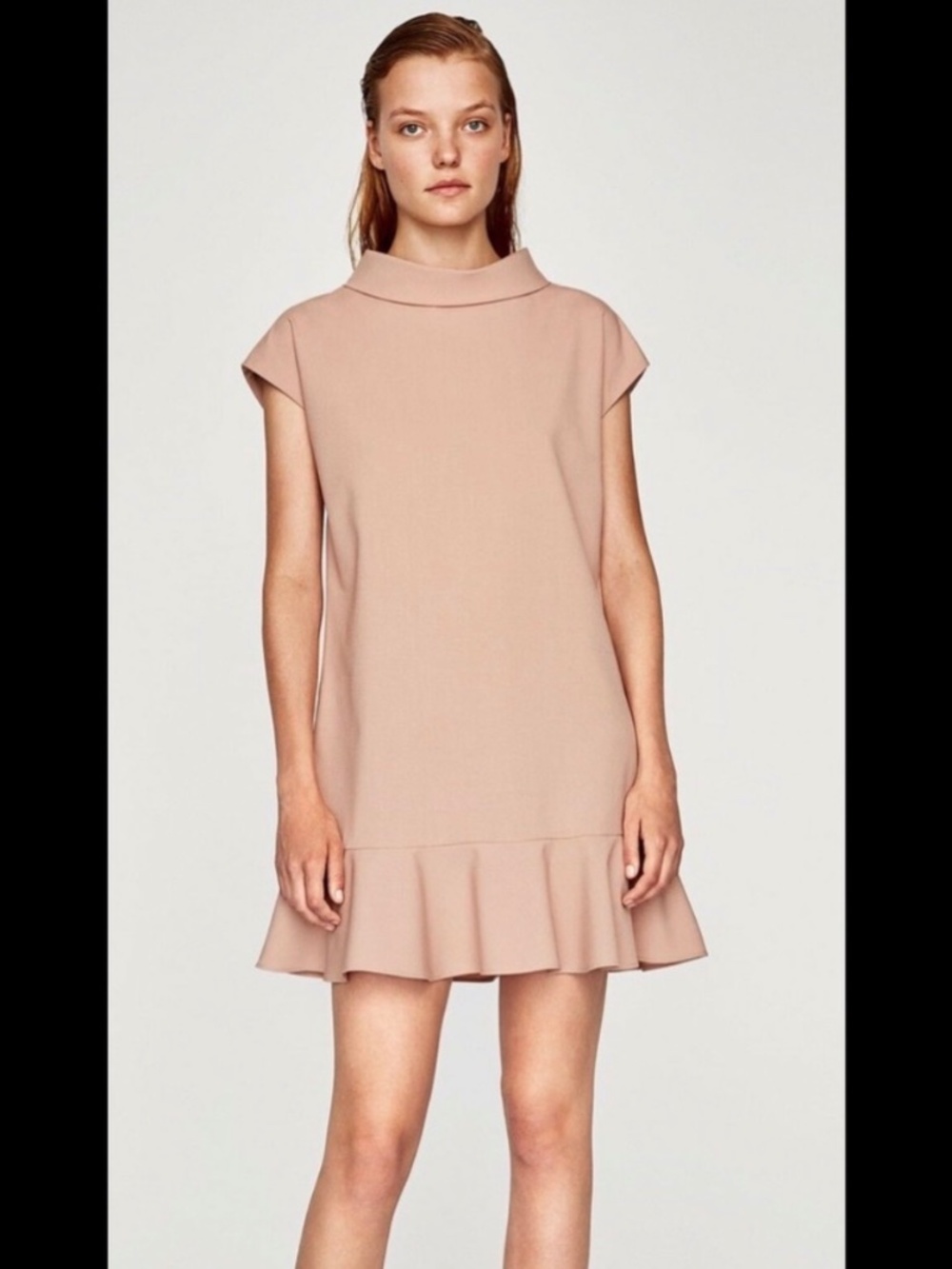 ZARA Nude Straight Cut Dress with Frill Size M